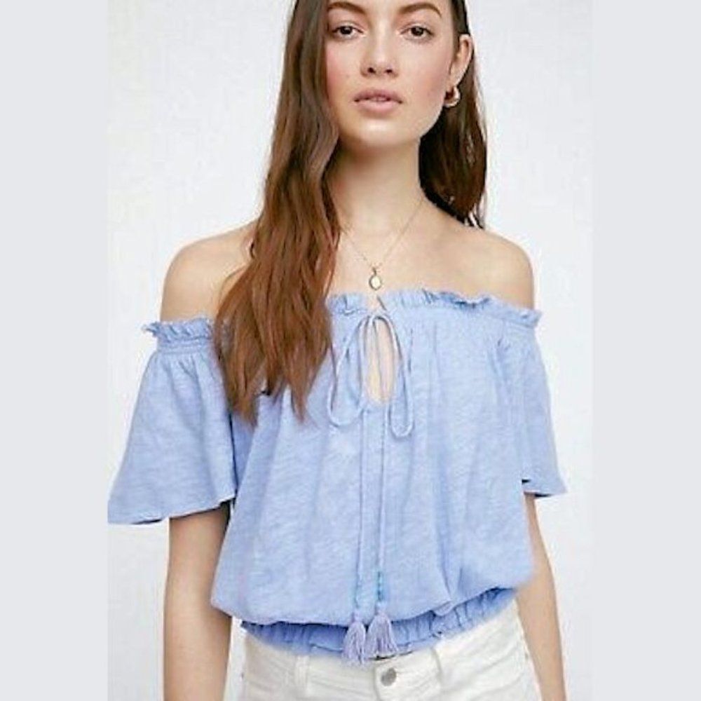 We the Free Hummingbird Top Tie Off Shoulder Linen Prairie Cottage Blue XS
